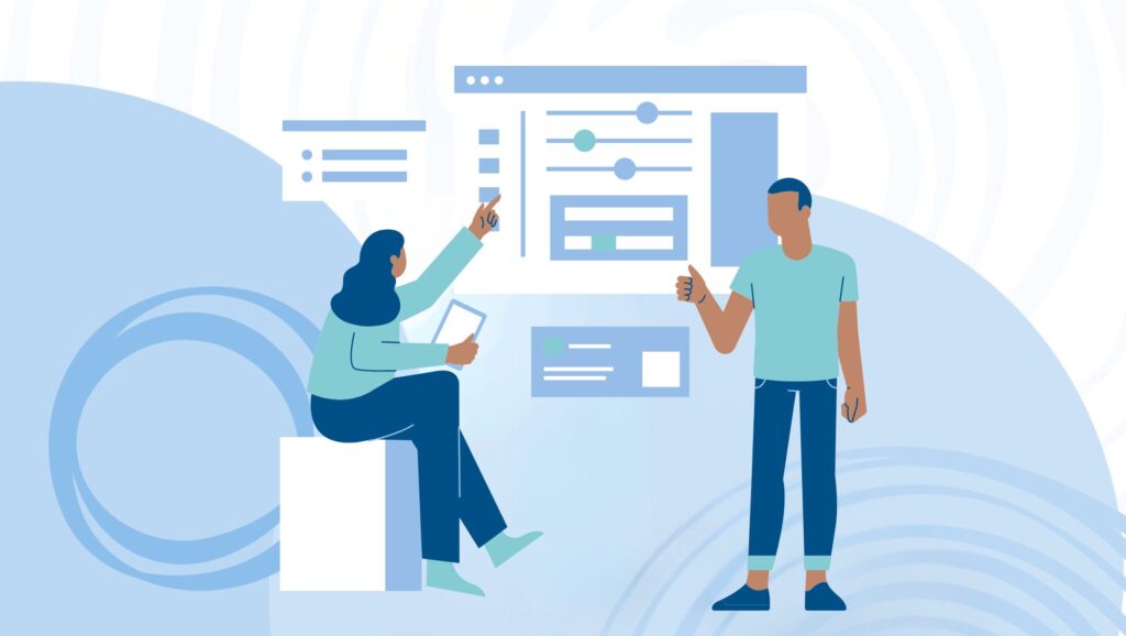 Illustration of two people looking at insurance plans
